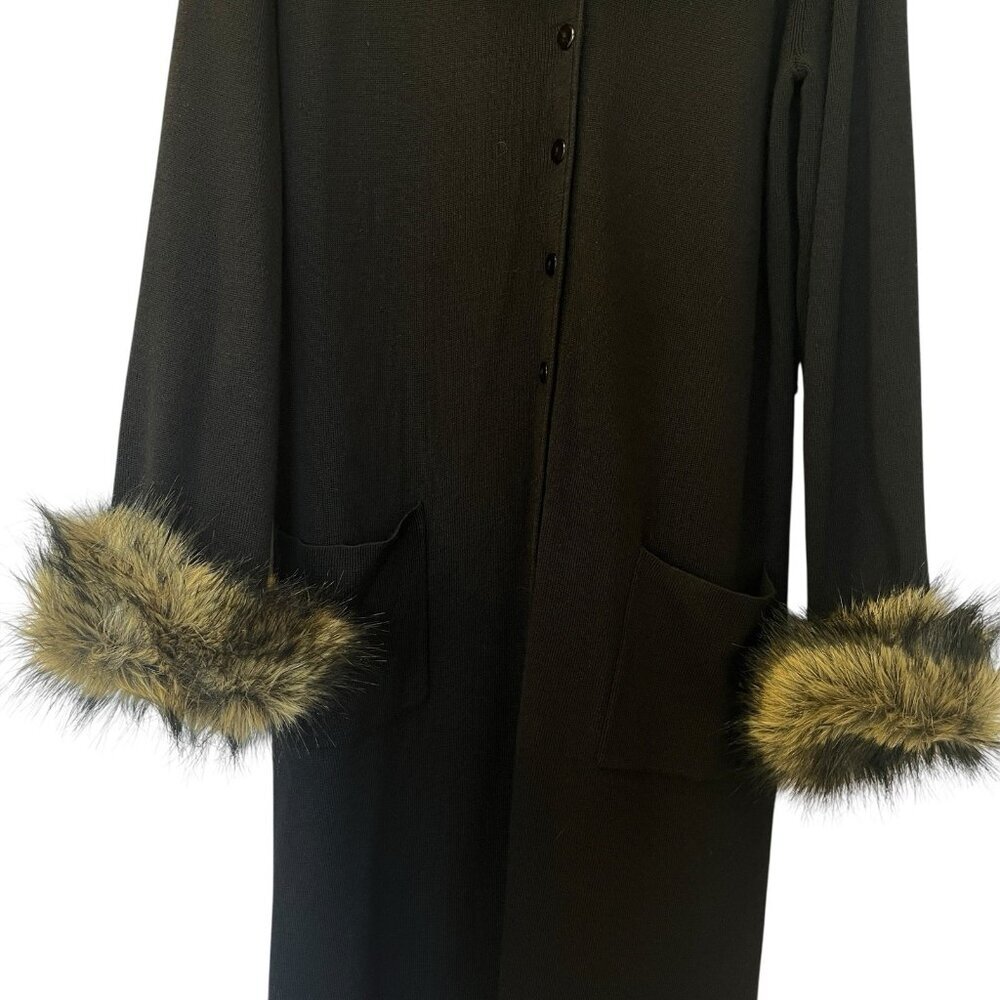 Vtg Penny Lane Style Duster Cardigan Sweater Faux Fur Trim Acrylic Wool L Boho - Picture 6 of 16